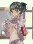  1girl areolae bangs beer_can blunt_bangs blurry blurry_background blush breasts can commentary convenient_censoring cowboy_shot depth_of_field drink eyebrows_visible_through_hair green_hair grey_hoodie grey_pants half_updo highres holding holding_can holding_drink hood hoodie hoodie_lift jitome lifted_by_self looking_at_viewer medium_breasts medium_hair motion_lines navel no_bra original pants parted_lips ponytail red_eyes shuri_(84k) sidelocks solo stomach sweatdrop twitter_username 