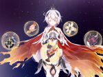  1girl armor bangs bare_shoulders boots cape closed_eyes closed_mouth company_connection crossover earrings galaxy gameplay_mechanics gauntlets genshin_impact hair_between_eyes hair_ornament hands_together highres honkai_(series) honkai_impact_3rd jewelry kiana_kaslana kiana_kaslana_(herrscher_of_flamescion) mihoyo_technology_(shanghai)_co._ltd. parody ponytail praying shirt sleeveless solo star_(sky) sweetybir thigh_boots thighhighs torn_cape torn_clothes white_footwear white_hair white_shirt 