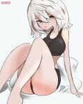  alternate_breast_size bangs barefoot black_shorts breasts collarbone eyebrows_behind_hair grey_eyes greyscale hair_between_eyes highres large_breasts looking_to_the_side monochrome nier_(series) nier_automata onionsketch short_hair shorts sitting sports_bra thick_thighs thighs white_hair yorha_type_a_no._2 