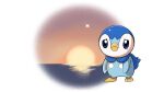  blue_eyes closed_mouth commentary_request frown gen_4_pokemon looking_at_viewer no_humans official_art piplup pokemon pokemon_(creature) project_pochama reflection solo standing sunset tearing_up toes 