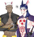  2boys abs alternate_pectoral_size animal_ears bare_pectorals cat_boy cat_ears chest_tattoo crossed_arms cu_chulainn_(fate) cu_chulainn_alter_(fate/grand_order) dark_skin emiya_alter fate/grand_order fate_(series) inverted_nipples kemonomimi_mode large_pectorals long_hair looking_at_viewer male_cleavage male_focus manboobs motion_lines multiple_boys muscular muscular_male navel nipples pectorals ponytail rabbit_boy rabbit_ears saseum_(puipuiseum) short_hair shrug_(clothing) tattoo upper_body very_dark_skin white_hair 