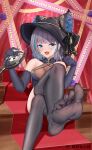  1girl absurdres animal_ears azur_lane bare_shoulders black_headwear black_legwear blue_eyes blue_hair breasts cheshire_(azur_lane) cheshire_(cait_sith_crooner)_(azur_lane) china_dress chinese_clothes cleavage crossed_legs dress elbow_gloves eyebrows_visible_through_hair fake_animal_ears fedora flower gloves hat hat_flower highres huge_filesize indoors kulayueyue medium_breasts microphone_stand multicolored_hair no_shoes official_alternate_costume open_mouth paw_pose purple_dress purple_gloves purple_hair red_carpet see-through sitting soles solo stairs streaked_hair thighhighs two-tone_hair 