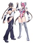  2girls absurdres alternate_costume ass back_cutout black_choker boots braid breasts brown_hair chaps choker clothing_cutout commission cross-laced_footwear detached_collar detached_sleeves elbow_pads english_commentary fingerless_gloves fingernails full_body gloves handshake hanny_(uirusu_chan) highres jaycee_(tekken) julia_chang lace-up_boots leotard long_braid low_twintails luchador luchador_mask medium_breasts michelle_chang mother_and_daughter multiple_girls no_bra open_mouth pink_leotard single_braid tekken tekken_tag_tournament_2 thigh_boots thighhighs twintails white_background white_footwear white_gloves wrestling_outfit 