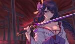  1girl bare_shoulders black_hair braid breasts cleavage closed_mouth collarbone commentary_request flower genshin_impact hair_flower hair_ornament highres holding holding_sword holding_weapon japanese_clothes kimono kimono_pull large_breasts long_hair long_sleeves looking_at_viewer mole mole_under_eye nairobi_song off_shoulder purple_eyes purple_flower purple_kimono raiden_shogun red_background serious single_braid solo sword torii v-shaped_eyebrows very_long_hair weapon wide_sleeves 