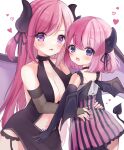  2girls age_difference black_dress black_gloves blush breasts bridal_gauntlets center_opening choker cleavage demon_girl demon_horns demon_tail demon_wings dress dual_persona elbow_gloves eyebrows_visible_through_hair face-to-face garter_belt garter_straps gloves hands_on_another&#039;s_waist heart highres horns indie_virtual_youtuber kyuotto large_breasts long_hair looking_at_viewer muikou_(moeko0903) multiple_girls navel open_mouth pink_eyes pink_hair pubic_tattoo purple_dress ribbon short_hair smile striped striped_dress tail tattoo two_side_up virtual_youtuber wings 