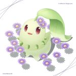  artist_name chikorita commentary_request english_text flower gen_2_pokemon highres looking_up no_humans open_mouth pokemon pokemon_(creature) purple_flower red_eyes ripples sasabunecafe smile solo tongue wading water watermark 