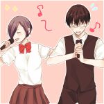  1boy 1girl bangs black_hair black_vest blush border bow brown_skirt closed_eyes collared_shirt commentary_request flying_sweatdrops hair_over_one_eye highres holding holding_microphone kaneki_ken karaoke kirishima_touka microphone music musical_note open_mouth outline red_bow red_neckwear shirt short_hair short_sleeves simple_background singing skirt teeth tokyo_ghoul toukaairab vest white_border white_eyepatch white_outline white_shirt 