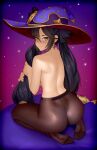  1girl :t absurdres ass back bangs black_hair black_legwear commentary dimples_of_venus earrings feet from_behind full_body genshin_impact green_eyes hair_between_eyes hat highres jewelry kairunoburogu long_hair looking_at_viewer looking_back mona_(genshin_impact) no_shoes pantyhose pout sitting solo toes topless twintails very_long_hair witch_hat 
