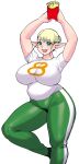  1girl :&gt; blue_eyes breasts curvy elf elf-san_wa_yaserarenai. erufuda-san eyebrows eyebrows_visible_through_hair fang food french_fries green_pants highres legs looking_at_viewer numbered open_mouth pants plump pointy_ears shirt solo stretch synecdoche thick_thighs thighs tight white_background 