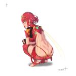  1girl absurdres armor ass back backless_outfit bare_back black_gloves breasts brown_eyes dated dimples_of_venus fingerless_gloves from_behind full_body gloves highres large_breasts looking_at_viewer looking_back neon_trim panana parted_lips pyra_(xenoblade) red_hair red_legwear red_shorts short_hair short_shorts shorts shoulder_armor simple_background solo squatting stirrup_legwear thighhighs tiara toeless_legwear white_background xenoblade_chronicles_(series) xenoblade_chronicles_2 