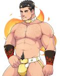  1boy abs bara beard bulge chest_hair collar cowboy_shot crotch_plate facial_hair fire flame_print geckobara hairy highres jockstrap large_pectorals leg_hair looking_at_viewer male_focus male_underwear male_underwear_pull mature_male muscular muscular_male navel navel_hair nipples pectorals pulled_by_self short_hair sideburns solo stomach stubble thick_thighs thighs tokyo_houkago_summoners underwear white_collar white_male_underwear yellow_male_underwear zabaniya_(tokyo_houkago_summoners) 
