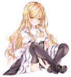 1girl bangs between_legs black_footwear black_legwear black_skirt blonde_hair blush boots breasts commentary_request crossed_ankles eyebrows_visible_through_hair frilled_skirt frills full_body hair_between_eyes hand_between_legs highres kirisame_marisa knees_up long_hair nanase_nao parted_lips puffy_short_sleeves puffy_sleeves shirt short_sleeves skirt small_breasts solo thighhighs thighhighs_under_boots touhou very_long_hair white_background white_shirt yellow_eyes 
