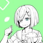  1girl blue_eyes bowl eating green_background hair_ornament hair_over_one_eye hairclip hamakaze_(kancolle) kantai_collection lineart monochrome rice rice_bowl sailor_collar school_uniform serafuku short_hair solo spot_color takasugi_heppu upper_body 