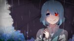  1girl :q bangs blue_eyes blue_flower blue_hair blue_vest blurry blurry_background bright_pupils closed_mouth cloud cloudy_sky commentary_request flower glowing glowing_eyes hair_between_eyes hand_up heterochromia holding holding_umbrella licking_lips light_blue_hair long_sleeves looking_at_viewer oil-paper_umbrella outdoors overcast popped_collar portrait rain red_eyes shirt short_hair sidelocks sky smile solo tatara_kogasa terimayo tongue tongue_out torn_umbrella touhou umbrella vest white_pupils white_shirt 