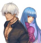  1boy 1girl blue_eyes bodysuit breasts cross cross_necklace eyebrows_visible_through_hair jacket jewelry k&#039;_(kof) kthovhinao_virmi kula_diamond leather leather_jacket long_hair looking_at_viewer necklace open_clothes open_jacket purple_eyes simple_background small_breasts tan the_king_of_fighters upper_body white_background white_hair 