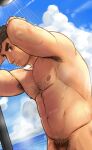  1boy abs armpit_hair armpits arms_up bara barry_go chest_hair cloud cloudy_sky completely_nude day facial_hair goatee hairy highres kengo_(tokyo_houkago_summoners) male_focus male_pubic_hair mature_male muscular muscular_male navel navel_hair nipples nude out-of-frame_censoring pectorals penis penis_peek pubic_hair short_hair showering sideburns sky smile solo stomach stubble tokyo_houkago_summoners wet 