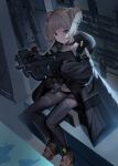  1girl black_gloves black_jacket black_legwear brown_eyes bullpup double_bun girls&#039;_frontline gloves gun highres hood hooded_jacket jacket light_brown_hair long_sleeves manu_(pixiv41646715) p90 p90_(girls&#039;_frontline) partially_fingerless_gloves sitting solo submachine_gun tactical_clothes thigh_strap thighhighs weapon 