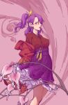  1girl closed_fan flower folding_fan hand_fan japanese_clothes kimono komakusa_sannyo long_hair medium_skirt ponytail purple_eyes purple_hair purple_skirt red_background red_kimono red_robe ribbon skirt stank touhou wide_sleeves yellow_ribbon 