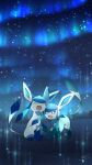  :d aurora closed_eyes commentary_request gen_4_pokemon glaceon green_eyes highres iie_efg night no_humans open_mouth outdoors pokemon pokemon_(creature) signature sitting sky smile star_(sky) tongue 
