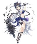  1girl asymmetrical_clothes black_hair breasts earrings flail full_body hair_between_eyes jewelry ji_no kaguya_(sinoalice) large_breasts looking_at_viewer nail_polish official_art platform_footwear revealing_clothes sinoalice skull solo transparent_background waist_bow weapon 