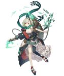  1girl backpack bag breasts flamethrower frills full_body green_hair horns jacket ji_no little_match_girl_(sinoalice) looking_at_viewer off_shoulder official_art platform_footwear red_eyes scarf short_hair single_horn single_leg_pantyhose sinoalice small_breasts smile solo transparent_background weapon 
