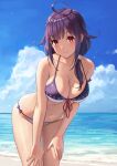  1girl ahoge bangs bare_arms bare_legs bare_shoulders beach bikini blue_sky blush breasts cleavage closed_mouth cloud collarbone commission cowboy_shot day eyebrows_visible_through_hair hair_flaps horizon kantai_collection large_breasts leaning_forward long_hair looking_at_viewer navel ocean outdoors purple_bikini purple_hair red_eyes skeb_commission skindentation sky smile solo standing swimsuit taigei_(kancolle) tantaka twintails water wet 
