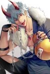  1boy :d black_pants chain collarbone drinking_straw eyebrows_visible_through_hair fangs gintama gradient gradient_background grey_background hair_between_eyes highres horns looking_at_viewer male_focus open_mouth pants red_eyes sakata_gintoki shinomy short_hair silver_hair smile solo tongue tongue_out white_background 