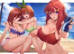  3girls :d :o armpits asymmetrical_docking bangs bare_arms bare_legs bare_shoulders beach bent_over bikini blue_bikini blue_eyes blue_sky blush breast_press breasts brown_hair can cleavage collarbone day feet_out_of_frame go-toubun_no_hanayome green_bikini green_ribbon hair_between_eyes hair_ornament hair_over_one_eye hair_ribbon highres holding holding_can kneeling large_breasts long_hair looking_at_viewer multiple_girls nakano_itsuki nakano_miku nakano_yotsuba navel ocean open_mouth orange_hair outdoors red_bikini red_hair ribbon short_hair siblings sisters sitting sky smile soda_can star_(symbol) star_hair_ornament stomach swimsuit thighs viral1112 water 