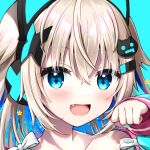  1girl :d animal_ears bangs blonde_hair blue_background blue_eyes blue_hair blush bow cat_ear_headphones cat_hair_ornament collarbone commentary_request eyebrows_visible_through_hair fake_animal_ears fang glowing hair_between_eyes hair_ornament hairclip hand_up headphones highres indie_virtual_youtuber long_hair long_sleeves looking_at_viewer multicolored_hair open_mouth portrait signature sleeves_past_wrists smile solo star_(symbol) two-tone_hair uchuuneko uchuuneko_(vtuber) virtual_youtuber white_bow 