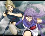  2girls asymmetrical_sleeves black_border black_kimono black_sleeves blonde_hair blurry blurry_background border closed_mouth detached_sleeves fishnet_legwear fishnets floating_hair gintama glasses grey_background grey_legwear hair_ornament hairpin highres holding holding_knife japanese_clothes kimono knife knives_between_fingers letterboxed long_hair long_sleeves looking_at_viewer multiple_girls purple_eyes purple_hair purple_sleeves red-framed_eyewear running sarutobi_ayame scar scar_on_cheek scar_on_face shinomy shiny shiny_hair short_kimono signature sleeveless sleeveless_kimono thighhighs tied_hair tsukuyo_(gintama) very_long_hair white_kimono 