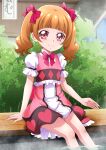 1girl aisaki_emiru argyle_print ashiyu bangs blunt_bangs bow bowtie brown_hair closed_mouth dress hair_bow hanzou heart heart_print highres hugtto!_precure long_hair looking_at_viewer precure red_bow red_eyes red_neckwear shiny shiny_hair shiny_skin short_dress short_sleeves sitting smile soaking_feet solo sunlight twintails white_sleeves 