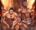  2boys abs alternate_pectoral_size bar_censor bara bare_pectorals bellsaltr brown_hair censored character_request chest_hair dark-skinned_male dark_skin facial_hair flaccid goatee granblue_fantasy highres large_pectorals leaning_forward leg_hair long_sideburns looking_at_another male_focus male_pubic_hair mature_male multiple_boys muscular muscular_male naked_towel navel navel_hair nipples official_alternate_costume pectorals penis penis_peek pubic_hair pubic_hair_peek sauna short_hair sideburns sitting smile spread_legs steam stomach thick_thighs thighs towel towel_on_legs veins wooden_wall yngwie 