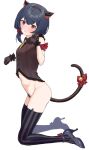  1girl anal_tail animal_ears animal_print black_footwear black_gloves black_hair black_vest blush bottomless breasts cat_ears cat_tail commentary_request eyebrows_visible_through_hair fake_animal_ears fake_tail female_pubic_hair from_side gloves hair_ribbon hands_up high_heels highres idolmaster idolmaster_shiny_colors kneeling leopard_print looking_to_the_side medium_hair miito_(meeeeton333) morino_rinze navel parted_lips paw_pose print_neckwear pubic_hair red_eyes red_ribbon ribbon simple_background small_breasts solo striped striped_legwear tail thighhighs vest white_background 