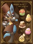  artist_name bowl brown_background brown_headwear buneary chef_hat cherrim chocolate commentary_request framed gen_2_pokemon gen_4_pokemon gen_5_pokemon gen_7_pokemon hat hatted_pokemon highres holding lilligant lucario pokemon pokemon_(creature) red_eyes ribombee sasabunecafe solo standing teddiursa toes 