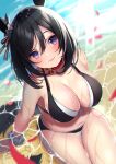  1girl amahara_pekozaemon animal_ears bikini black_bikini black_hair blurry blurry_background blush breasts choker cleavage closed_mouth collarbone day depth_of_field dutch_angle ear_ornament eishin_flash_(umamusume) hair_between_eyes highres horse_ears horse_girl horse_tail large_breasts light_rays looking_at_viewer outdoors petals pink_lips purple_eyes red_choker scrunchie shallow_water short_hair sitting smile solo sparkle sunbeam sunlight swimsuit tail thigh_gap thighs umamusume water wet wrist_scrunchie 