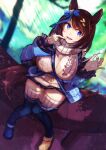  1girl :d absurdres animal_ears asymmetrical_legwear bag bangs bench blue_jacket blue_legwear blurry blurry_background boots bow breasts brown_hair ear_cleaning finger_to_mouth frilled_skirt frilled_sleeves frills hair_ornament handbag high_heels highres holding horse_ears horse_girl jacket knees_together_feet_apart kobiemon large_breasts long_hair mimikaki open_mouth purple_eyes shadow sitting skirt smile solo super_creek_(umamusume) sweater tree umamusume upper_teeth very_long_hair 