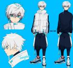  1boy aqua_eyes bangs belt black_pants black_sweater blue_background blue_belt character_name character_sheet earrings english_commentary jacket jewelry looking_at_viewer looking_down male_focus mashiro_(rikuya) multiple_views pants reignite simple_background single_earring sweater tempplex v-shaped_eyebrows white_hair white_jacket 