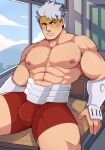  1boy abs bara bodysuit boku_no_hero_academia bulge chest_hair classroom cleavage_cutout clothing_cutout cross_scar fangs geckobara grey_hair highres large_pectorals looking_at_viewer male_focus mature_male muscular muscular_male nipples pectorals red_bodysuit red_shorts scar scar_on_cheek scar_on_face shirtless short_hair shorts sideburns sitting skin_tight solo spread_legs stomach thick_thighs thighs vambraces vlad_king_(boku_no_hero_academia) white_hair 