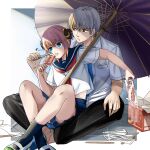  1boy 1girl black_legwear black_pants blue_legwear blue_sailor_collar blue_shirt blue_skirt border brown_hair bun_cover collared_shirt couple double_bun dress_shirt food gintama hand_on_own_knee hetero highres holding indian_style kagura_(gintama) kneehighs miniskirt musical_note neckerchief oil-paper_umbrella okita_sougo open_clothes open_shirt pants pleated_skirt popsicle purple_umbrella red_neckwear sailor_collar sailor_shirt school_uniform serafuku shinomy shirt short_hair silver_hair sitting skirt socks umbrella watermelon_bar white_border white_shirt 