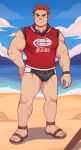  1boy abs alternate_costume bara beach black_male_swimwear brown_hair bulge closed_mouth commentary day english_commentary facial_hair full_body geckobara goatee goggles goggles_around_neck gunzo_(tokyo_houkago_summoners) hand_on_hip highres large_pectorals long_sideburns looking_at_viewer male_focus male_swimwear muscular muscular_male official_alternate_costume pectorals red_shirt sandals scar scar_on_arm scar_on_cheek scar_on_face scar_on_leg shirt short_hair sideburns sleeveless smile solo standing stubble swim_briefs thick_thighs thighs tokyo_houkago_summoners 
