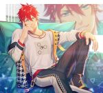  1boy amagi_rinne belt black_footwear black_pants blue_eyes bracelet couch earrings ensemble_stars! jewelry kuren looking_at_viewer male_focus multiple_rings necklace on_couch open_clothes open_vest pants red_hair ring shirt shoes short_hair sitting smile solo vest white_shirt 