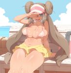  1girl arm_support beach bench bikini bikini_top blue_sky breasts brown_hair commentary day double_bun frilled_shorts frills highres large_breasts long_hair looking_at_viewer navel no_panties ocean outdoors pokemon pokemon_(game) pokemon_bw2 revision rosa_(pokemon) shorts sitting skindentation sky smile solo stomach sweat swimsuit tenako_(mugu77) twintails upshorts very_long_hair visor_cap yellow_shorts 