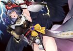  1girl :o absurdres arm_up armpits black_hair bodysuit breasts capelet cowboy_shot detached_sleeves dutch_angle feathered_wings genshin_impact hand_up highres kikimi kujou_sara large_breasts lightning long_sleeves looking_at_viewer mask mask_on_head notice_lines obi open_mouth pelvic_curtain raised_eyebrow sash short_hair solo tengu_mask vision_(genshin_impact) wings yellow_eyes 