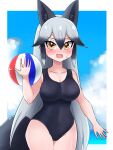  1girl animal_ears aramaru ball bangs beachball black_hair black_swimsuit blue_sky blush border breasts brown_eyes cloud cloudy_sky cowboy_shot day eyebrows_visible_through_hair fang fox_ears fox_tail highres holding holding_ball horizon kemono_friends long_hair looking_at_viewer medium_breasts multicolored_hair ocean one-piece_swimsuit outdoors silver_fox_(kemono_friends) silver_hair sky solo standing sweatdrop swimsuit tail very_long_hair white_border 