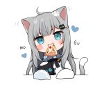  1girl ahoge amashiro_natsuki animal_ears bangs black_neckwear black_ribbon blue_eyes blush blush_stickers cat_ears cat_girl cat_tail chibi commentary_request eating food food_in_mouth hair_ornament heart highres indie_virtual_youtuber long_hair long_sleeves motion_lines mouth_hold nacho_(amashiro_natsuki) neck_ribbon original pizza ribbon silver_hair simple_background sleeves_past_fingers sleeves_past_wrists symbol_in_eye tail upper_body very_long_hair white_background 