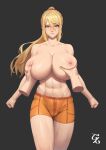  abs bare_shoulders beeeeen blonde_hair breast_grab breast_hold breast_squeeze breasts grabbing green_eyes highres huge_breasts invisible large_breasts metroid muscular muscular_female plump ponytail samus_aran shorts skin_tight skindentation thick_thighs thighs topless 