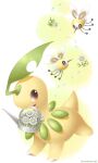  bayleef commentary_request cutiefly flower flying gen_2_pokemon gen_7_pokemon highres mouth_hold no_humans open_mouth petals pokemon pokemon_(creature) red_eyes sasabunecafe smile white_flower 