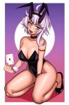  1girl ace_of_diamonds ahoge animal_ears between_legs black_footwear black_leotard borrowed_character breasts card cleavage commission fake_animal_ears hand_between_legs high_heels highres horns kevbot kneeling large_breasts leotard medium_breasts oni oni_horns open_mouth original playboy_bunny playing_card purple_eyes purple_hair rabbit_ears short_hair solo wrist_cuffs 