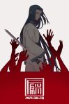 1boy absurdres black_hair blue_eyes commentary_request dated fermium.ice highres holding holding_sword holding_weapon long_hair male_focus solo sword the_legend_of_luo_xiaohei upper_body very_long_hair weapon white_background wuxian_(the_legend_of_luoxiaohei) 