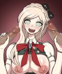  1girl 2boys akisora bangs belt black_bow blonde_hair blush bow braid breasts censored collared_shirt commentary_request danganronpa_(series) danganronpa_2:_goodbye_despair dress erection gem green_dress green_eyes hair_bow handjob heart heart-shaped_pupils large_breasts long_hair mosaic_censoring multiple_boys nipples penis puffy_short_sleeves puffy_sleeves red_bow shirt short_sleeves simple_background sonia_nevermind symbol-shaped_pupils upper_body 